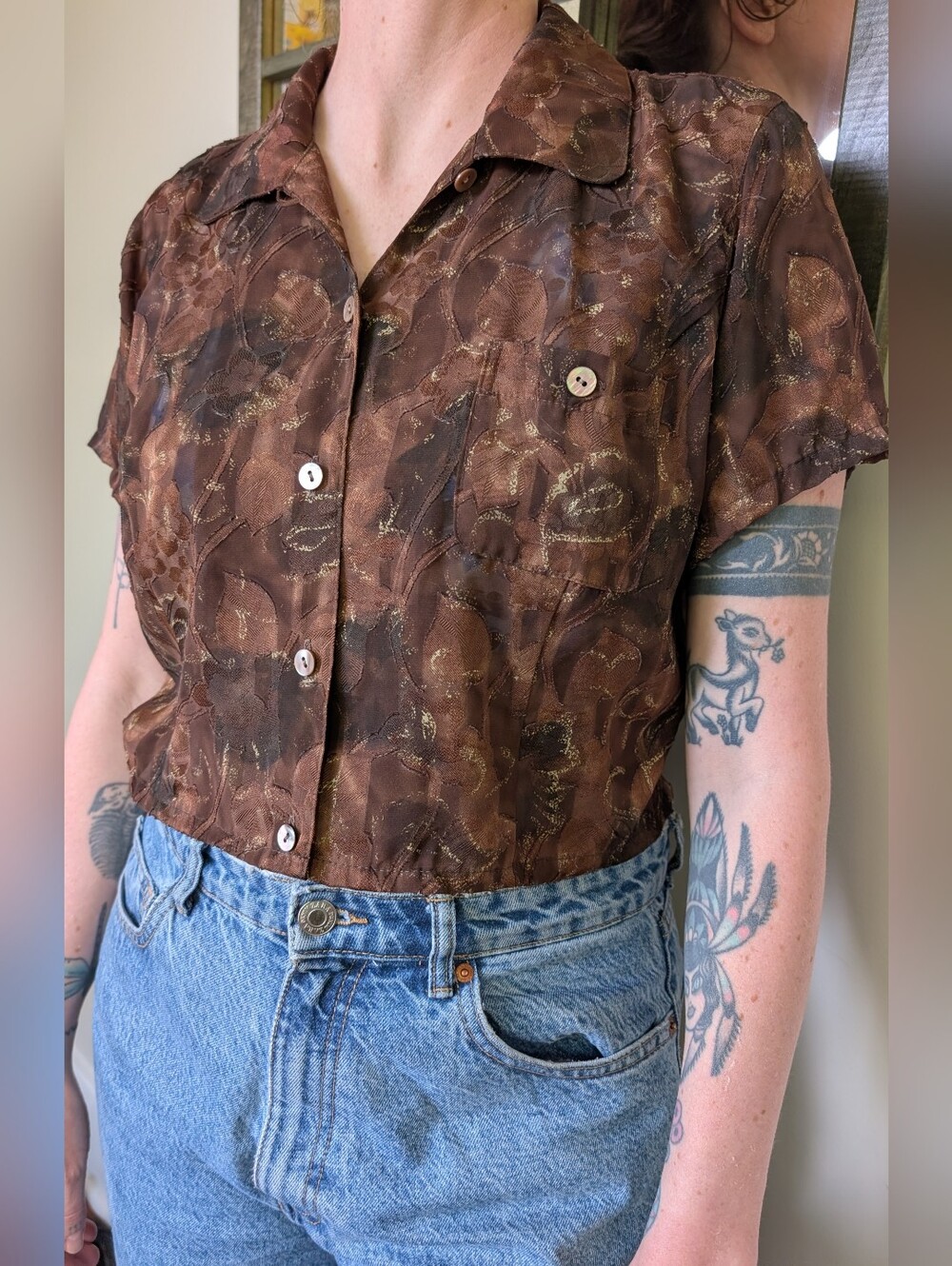 Brown Floral Short Sleeve Blouse